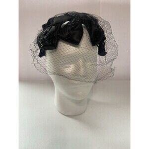 Vintage Black Cocktail Hat Satin Black Netting Bows Sequins Union Made In USA